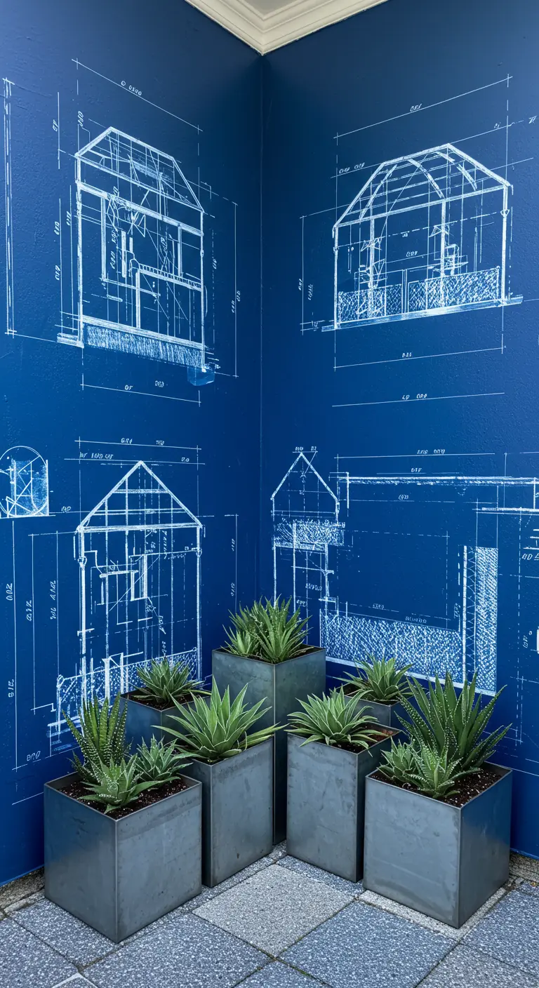 A blue wall painted with white architectural blueprints, featuring metal planters with succulents.