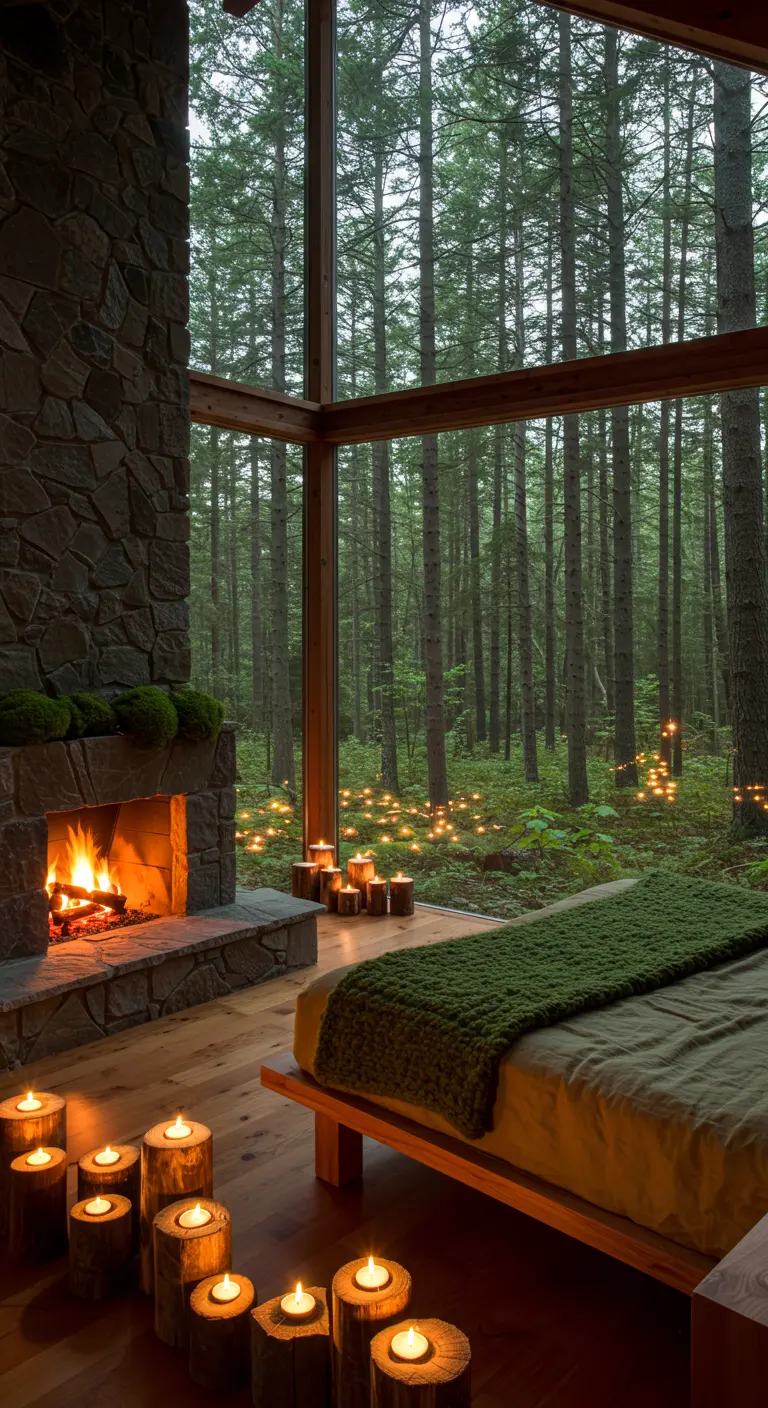 Cabin bedroom with a large window looking into a lush forest, moss on the fireplace mantel.