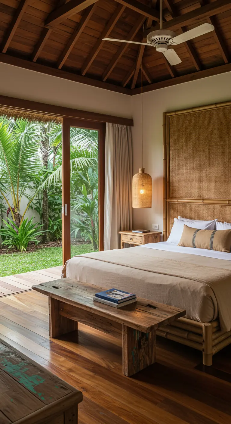 Bedroom with a bamboo bed and reclaimed wood bench opening onto a lush tropical garden.