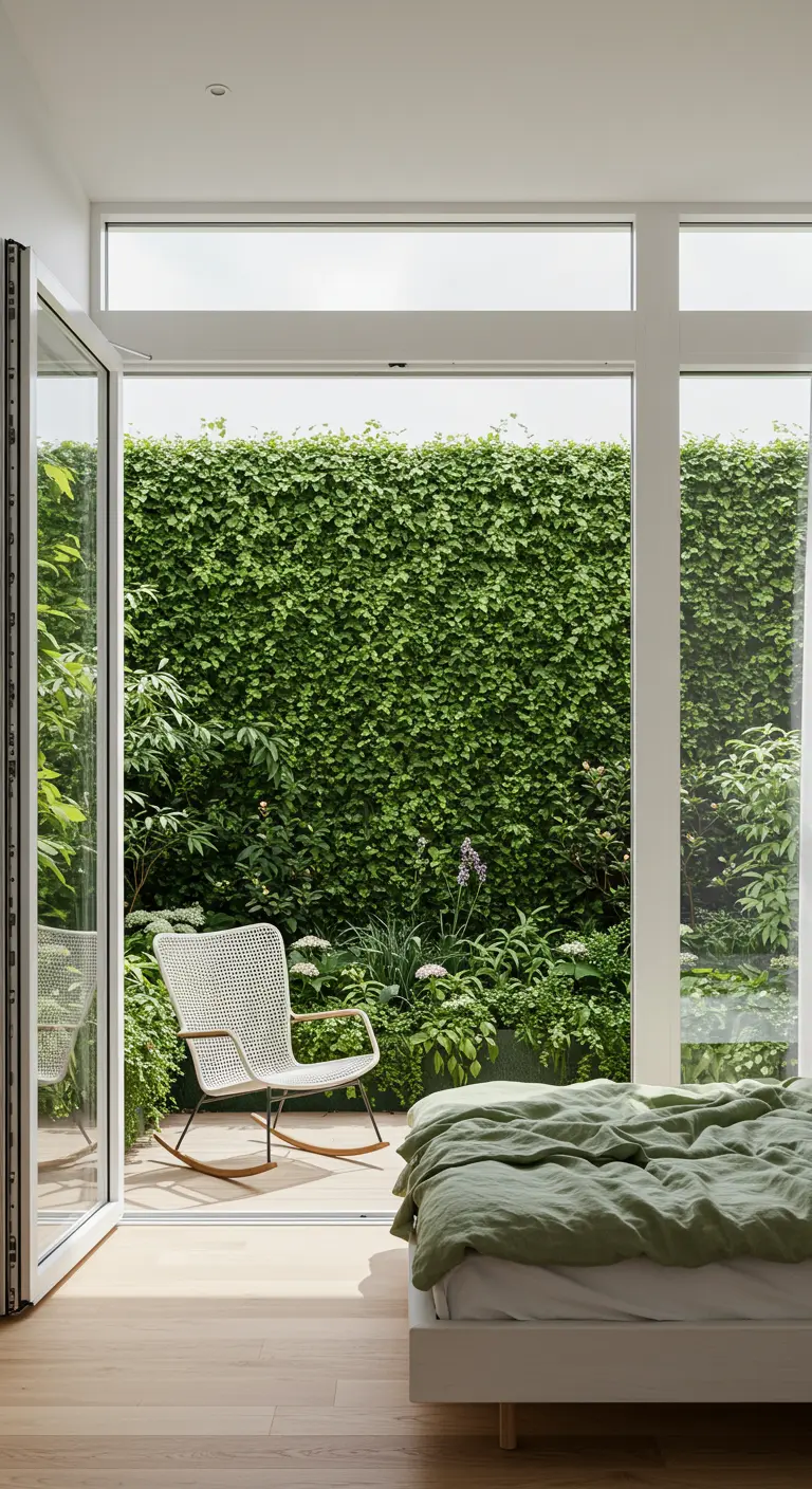 A bedroom opening onto a small patio with a dense green ivy wall.