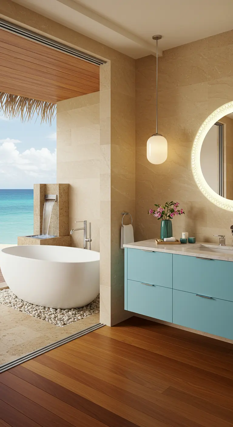 Bathroom with a sliding glass wall opening to a beach view, featuring a blue vanity and wood floors.