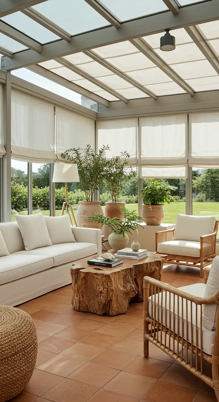 Bright sunroom with terracotta floors, linen sofa, and large plants.