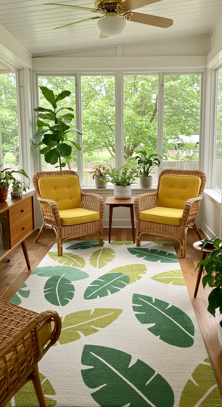 Sunroom with rattan chairs, yellow cushions, and a green leaf-patterned rug.