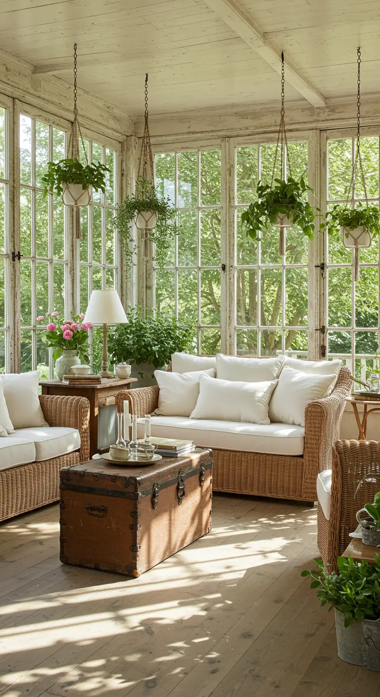 Sunroom with wicker sofas, a vintage trunk coffee table, and numerous hanging plants.