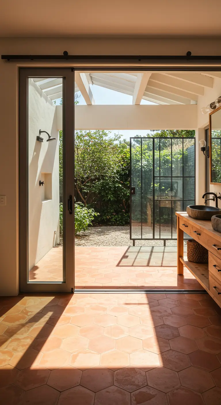 Bathroom with terracotta hex tiles leading through a sliding glass door to an outdoor shower and garden.