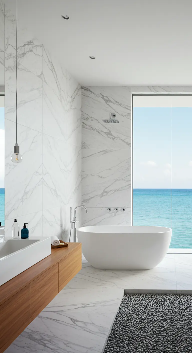Modern bathroom with marble walls, pebble floor accent, and a view of the ocean.