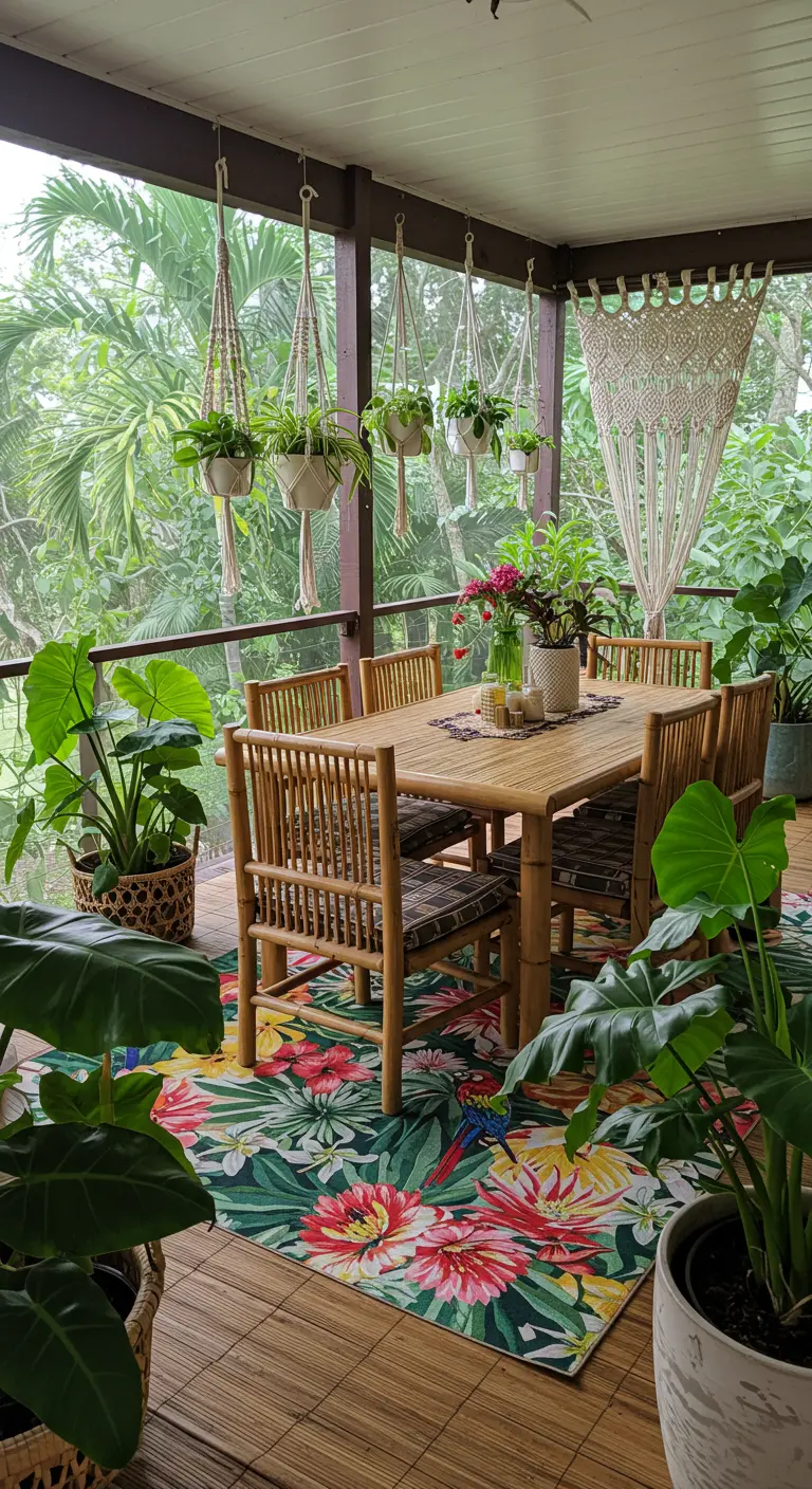 A covered porch dining area with bamboo furniture, hanging plants, and a tropical floral rug.