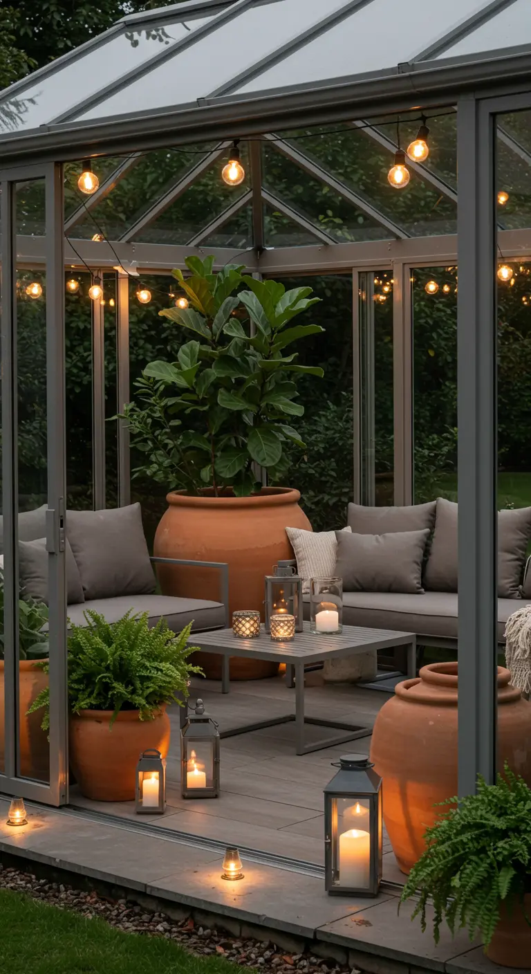 A glass sunroom filled with plants, greige sofas, and string lights.