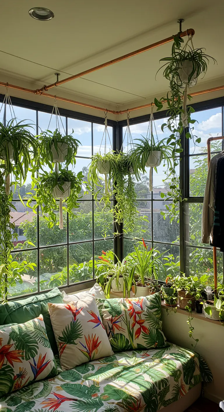 A sunlit corner daybed surrounded by large windows and covered in hanging plants.