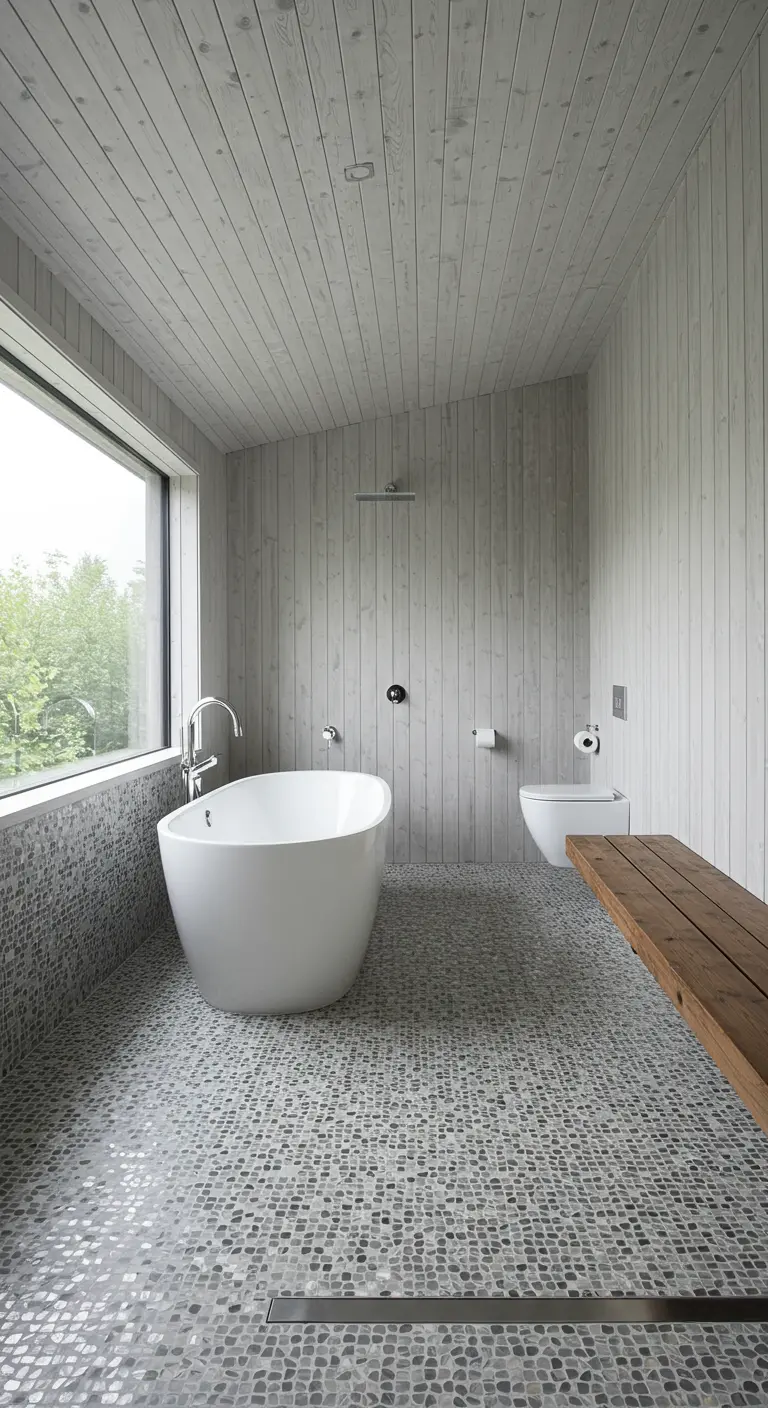 Minimalist wet room with grey-washed wood walls and a continuous pebble tile floor.