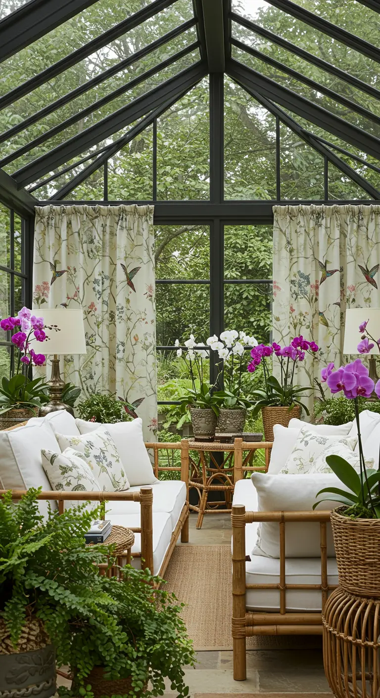 A glass conservatory filled with plants, featuring bamboo sofas and floral hummingbird-print curtains.