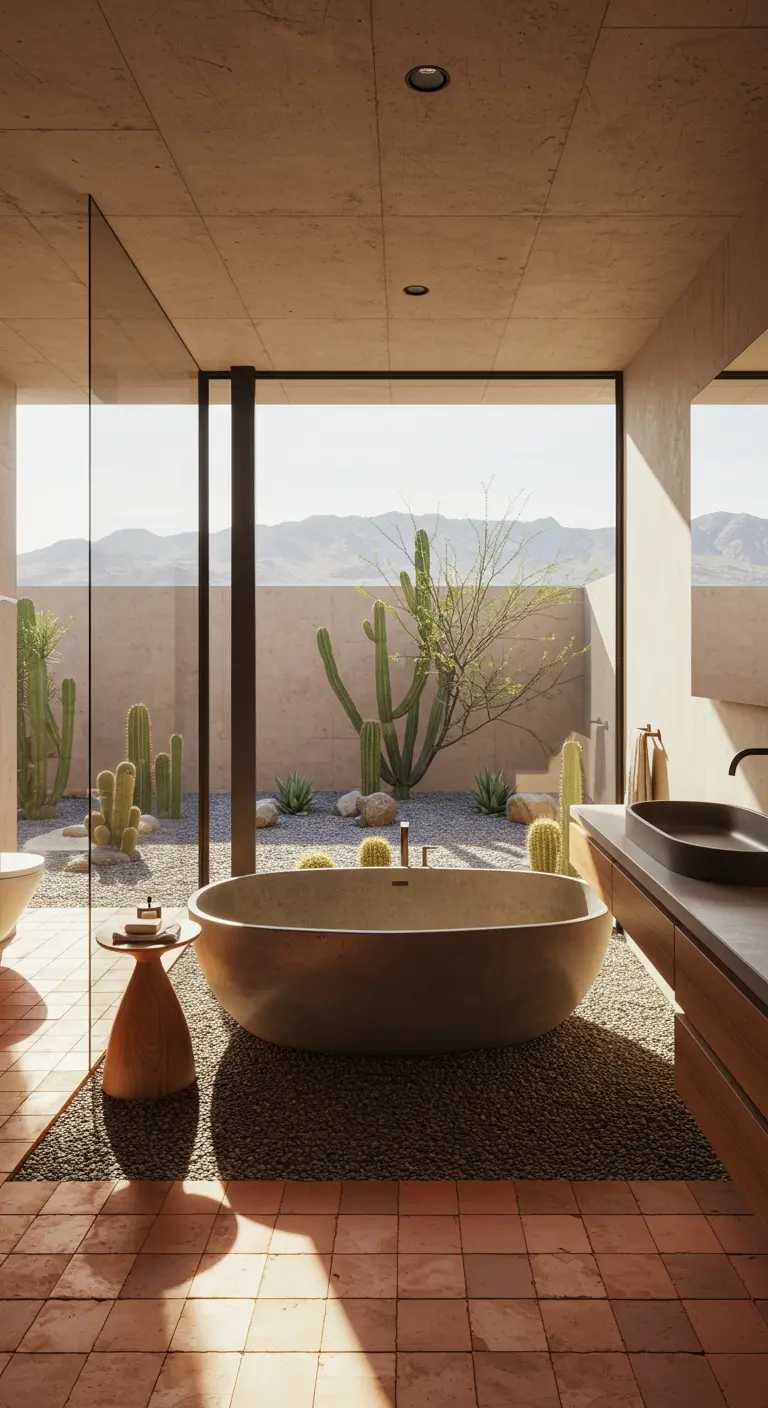 Bathroom with terracotta tiles and a freestanding tub overlooking a desert garden.