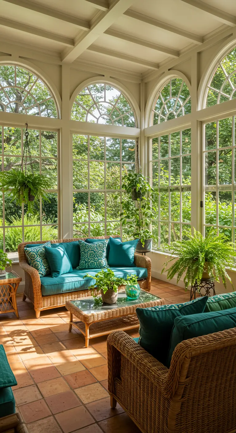 Sunroom with terracotta floors, rattan furniture, and large arched windows looking out to a garden.
