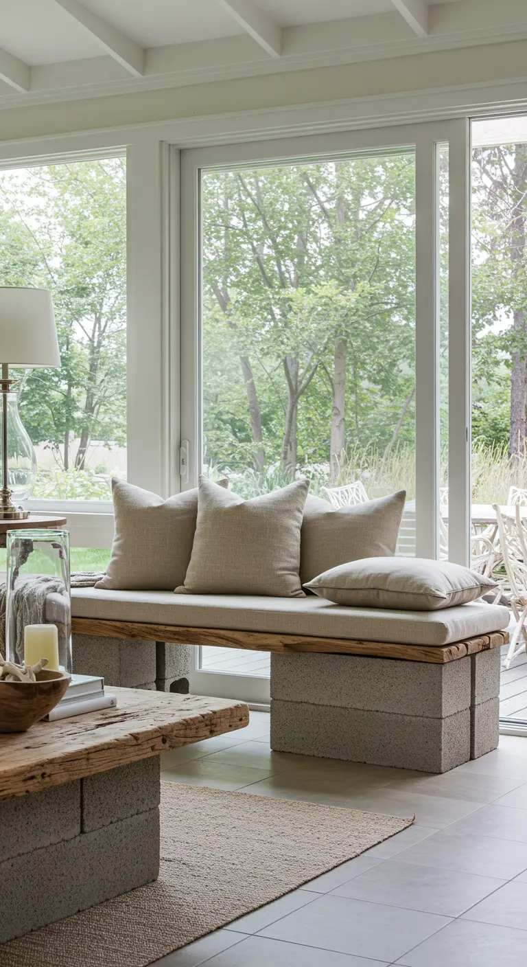 A cinder block and wood bench placed indoors in a sunroom, with a matching coffee table.