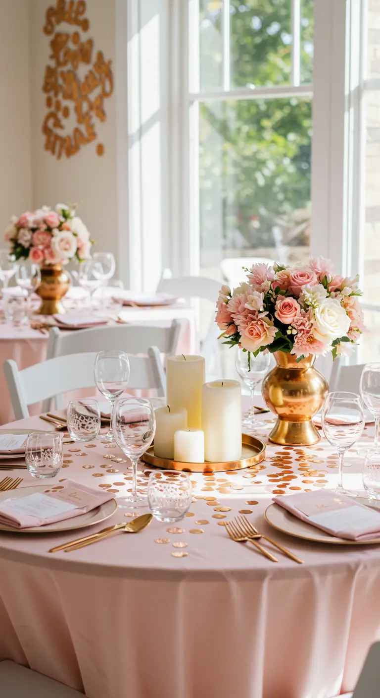 Round pink table with white pillar candles, rose gold accents, and floral arrangements.