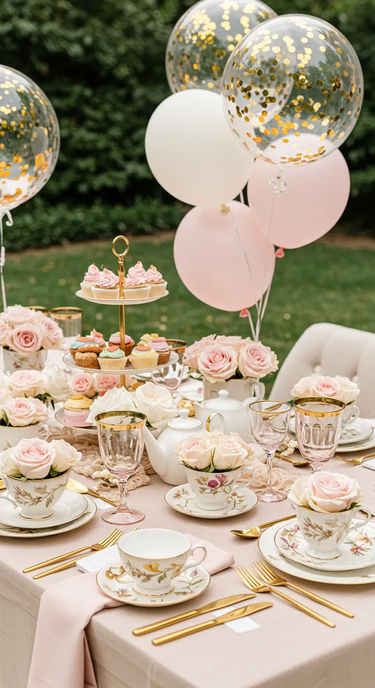 Blush pink tea party tablescape with gold confetti balloons.