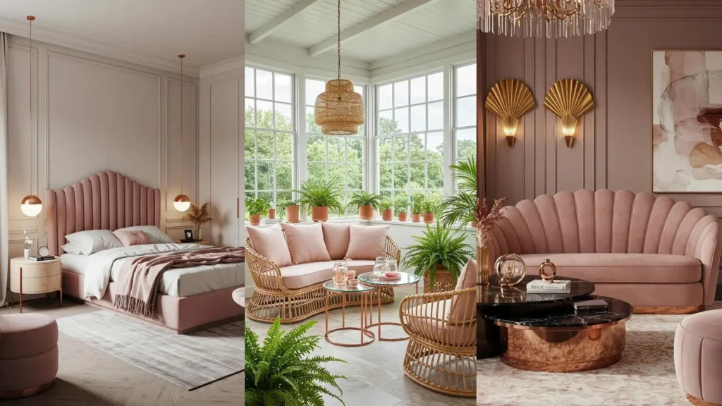 Blush pink interior spaces with rose gold accents, curved furniture, and soft lighting in a bedroom, sunroom, and living area.