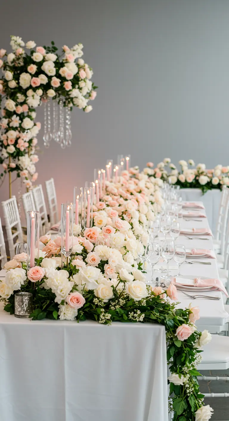 Long wedding table with a garland of white and pink roses and pink taper candles.