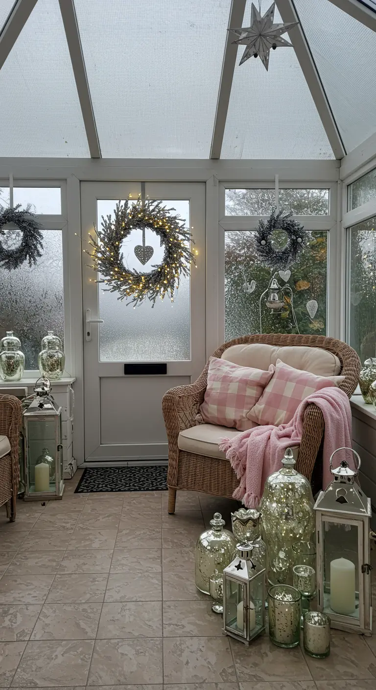 Bright sunroom entryway with a frosted wreath, pink gingham pillows, and mercury glass lanterns.