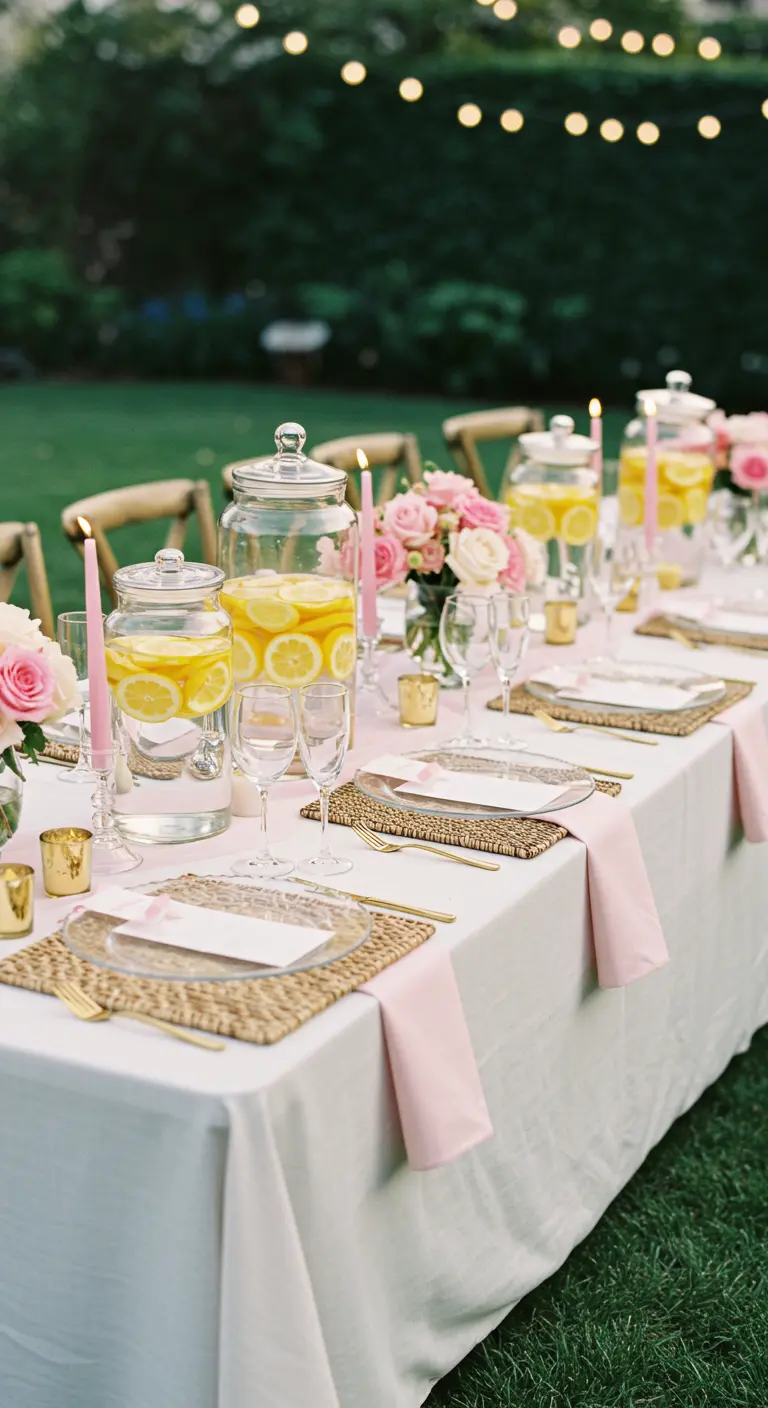 A garden party table with large glass jars of lemonade and pink floral decor.