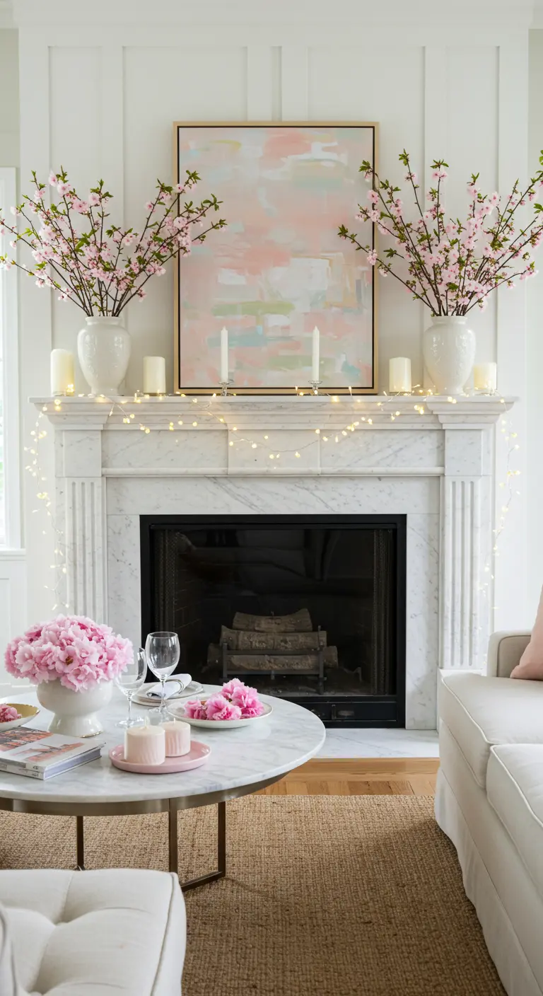 White marble mantel with cherry blossoms, abstract art, and delicate string lights.