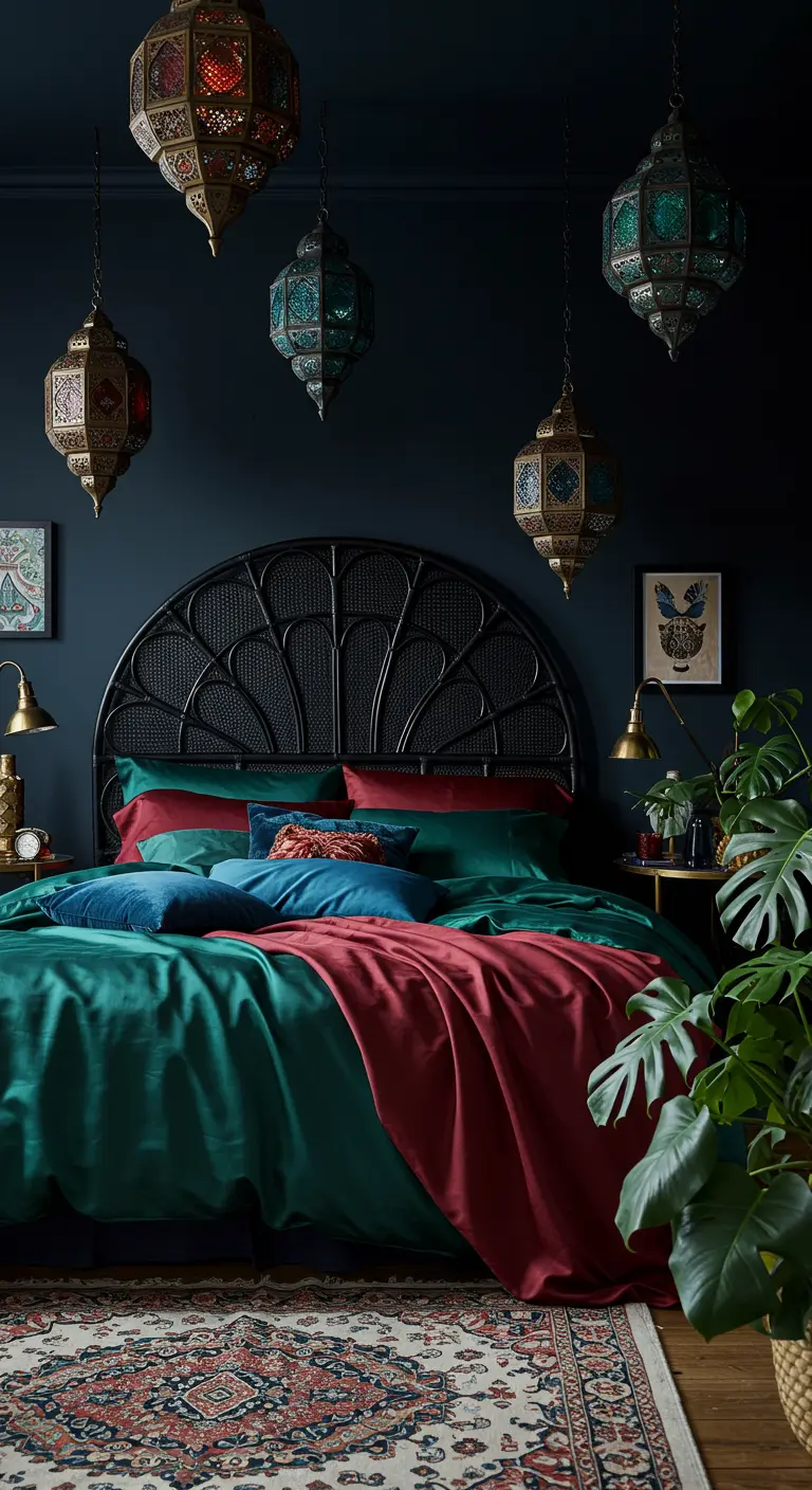 Bohemian bedroom with hanging Moroccan lanterns and emerald and ruby bedding.