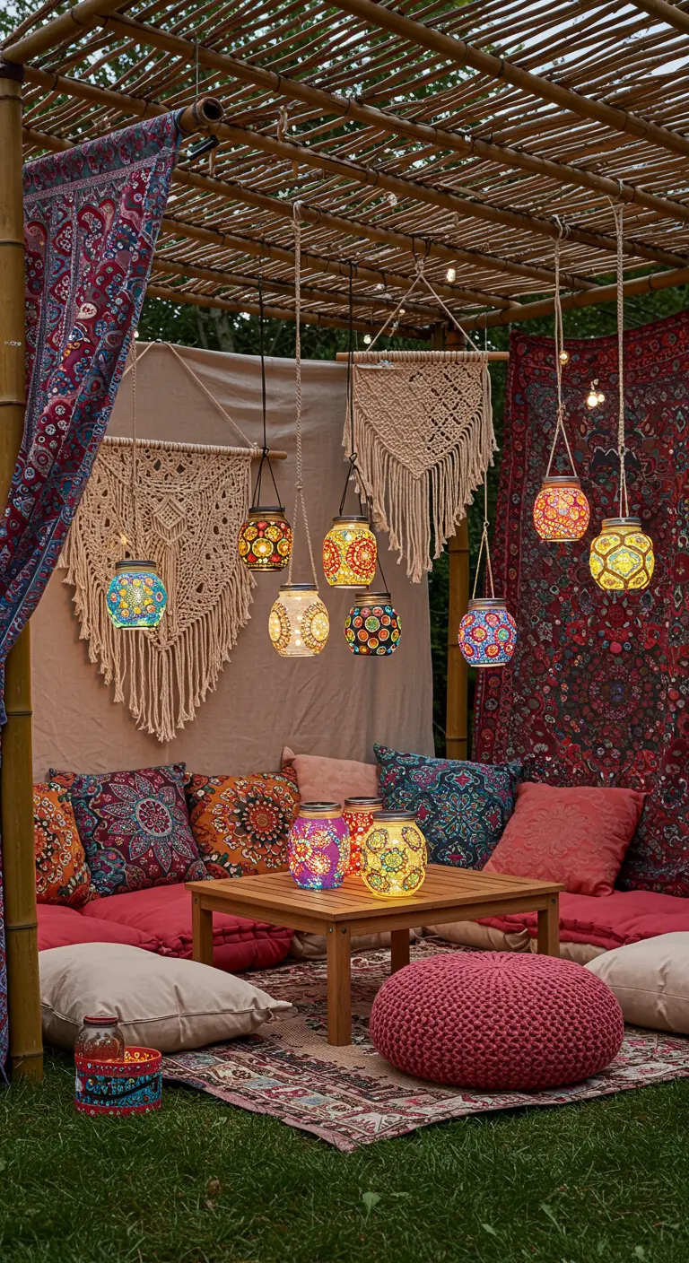 Boho-style outdoor nook with colorful patterned solar jars hanging from a bamboo roof.