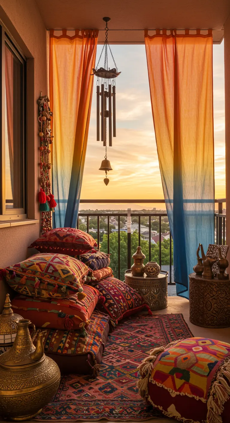 Eclectic boho balcony with colorful layered pillows, rugs, and ombré curtains.