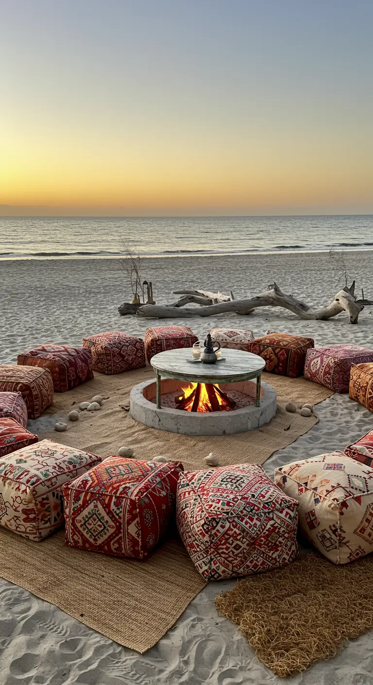Colorful kilim-patterned poufs arranged on mats around a fire pit on the beach.