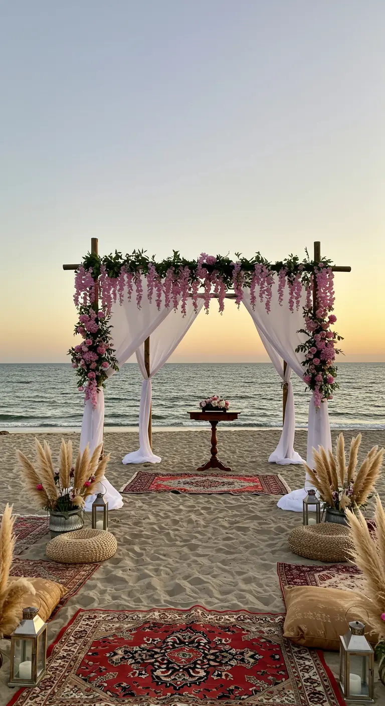 Beach wedding arch with pink wisteria, pampas grass, and bohemian rugs.