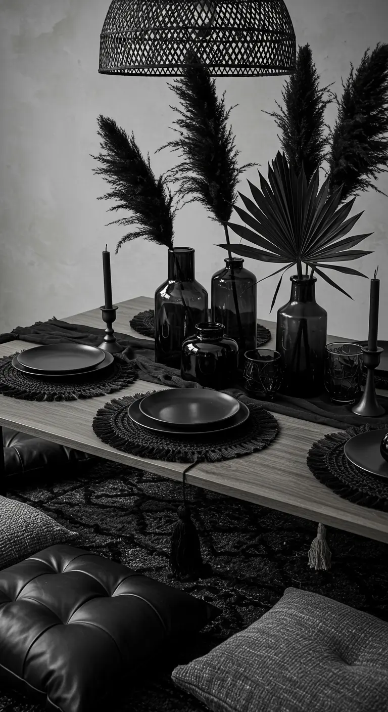 A boho-style black table setting with macrame placemats and pampas grass.