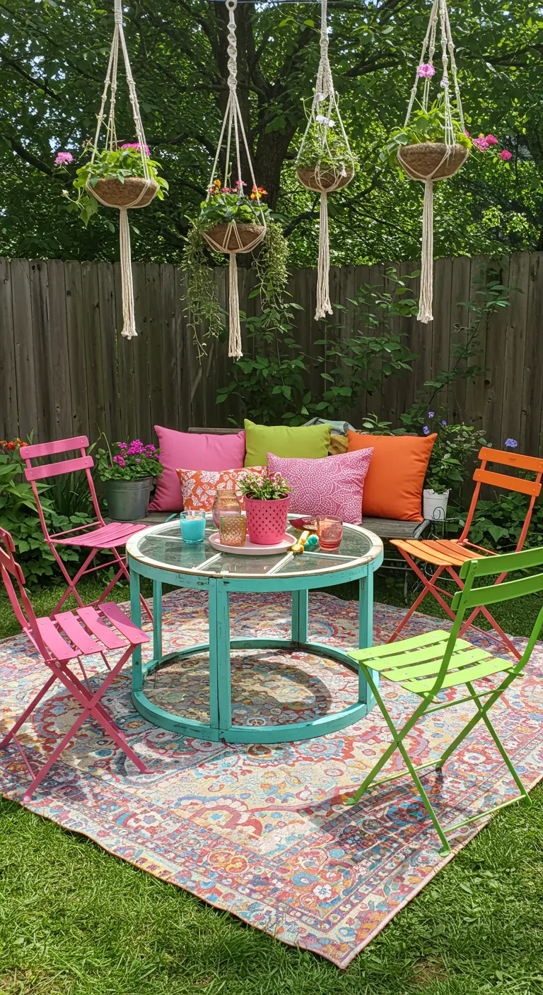 A colorful backyard setup with a turquoise window-topped table and mismatched bistro chairs on a rug.