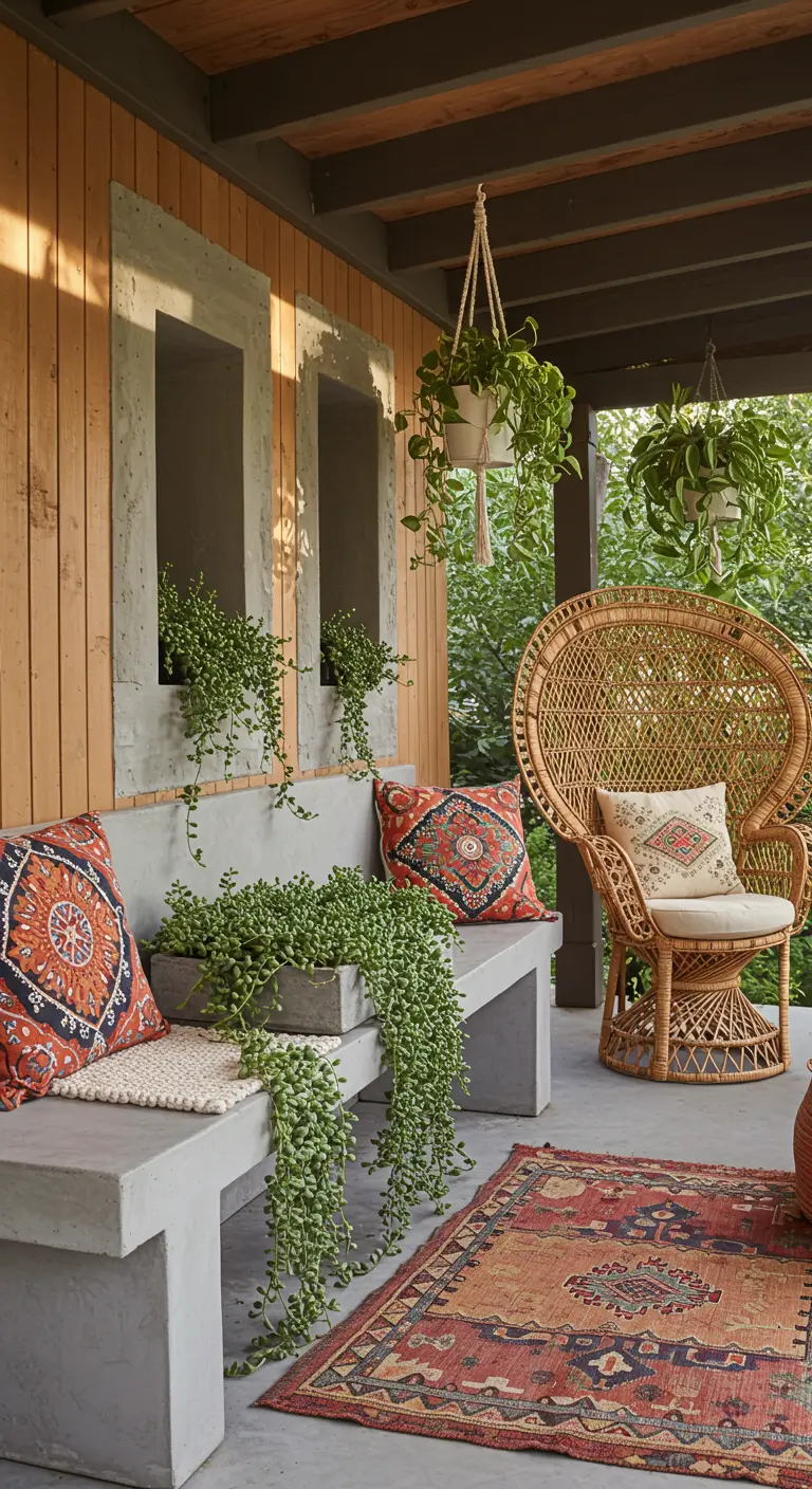 A concrete porch bench styled with bohemian pillows, a rug, a rattan chair, and trailing succulents.