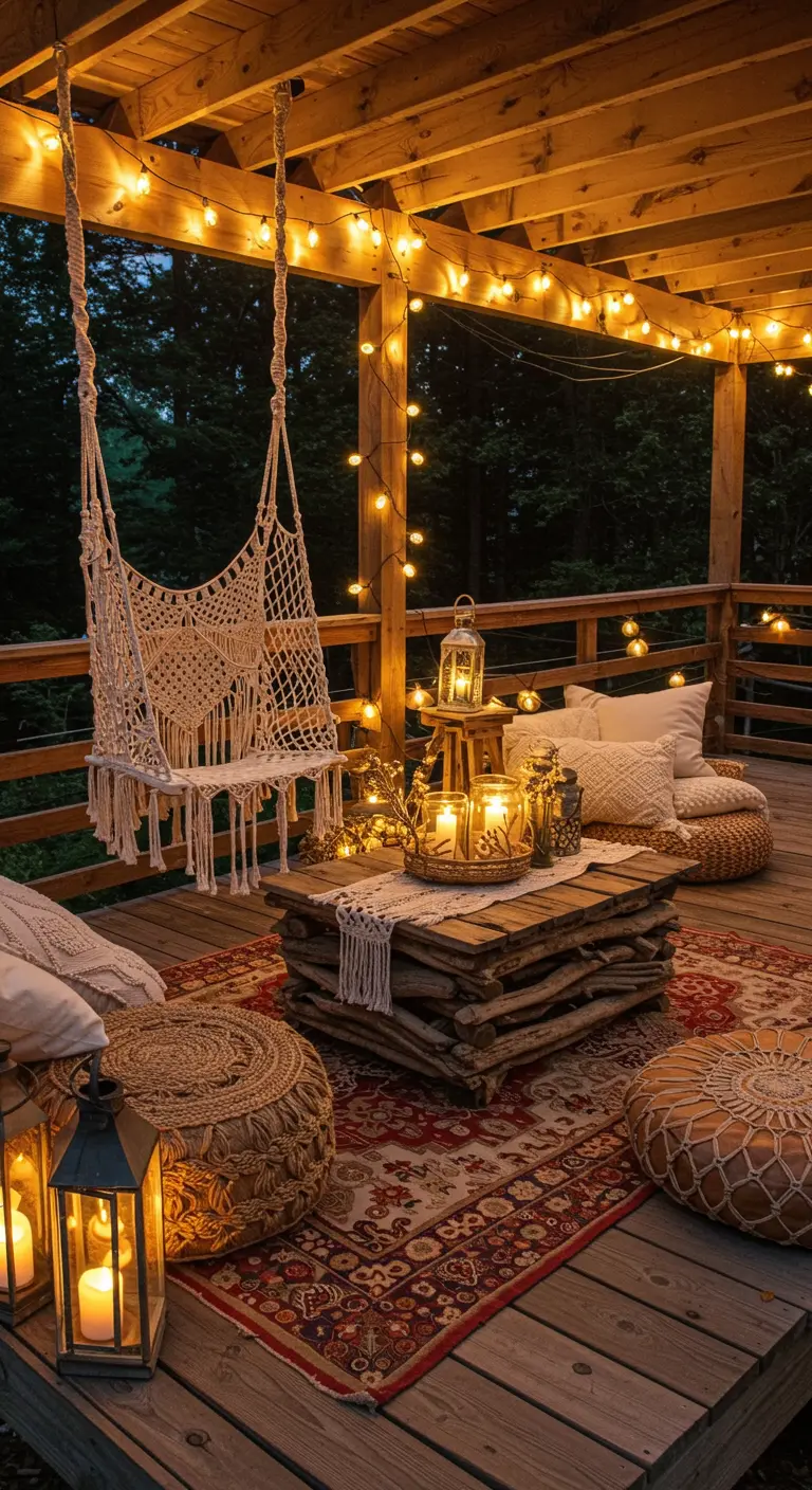 Cozy deck with a macrame swing, driftwood table, patterned rug, lanterns, and string lights.
