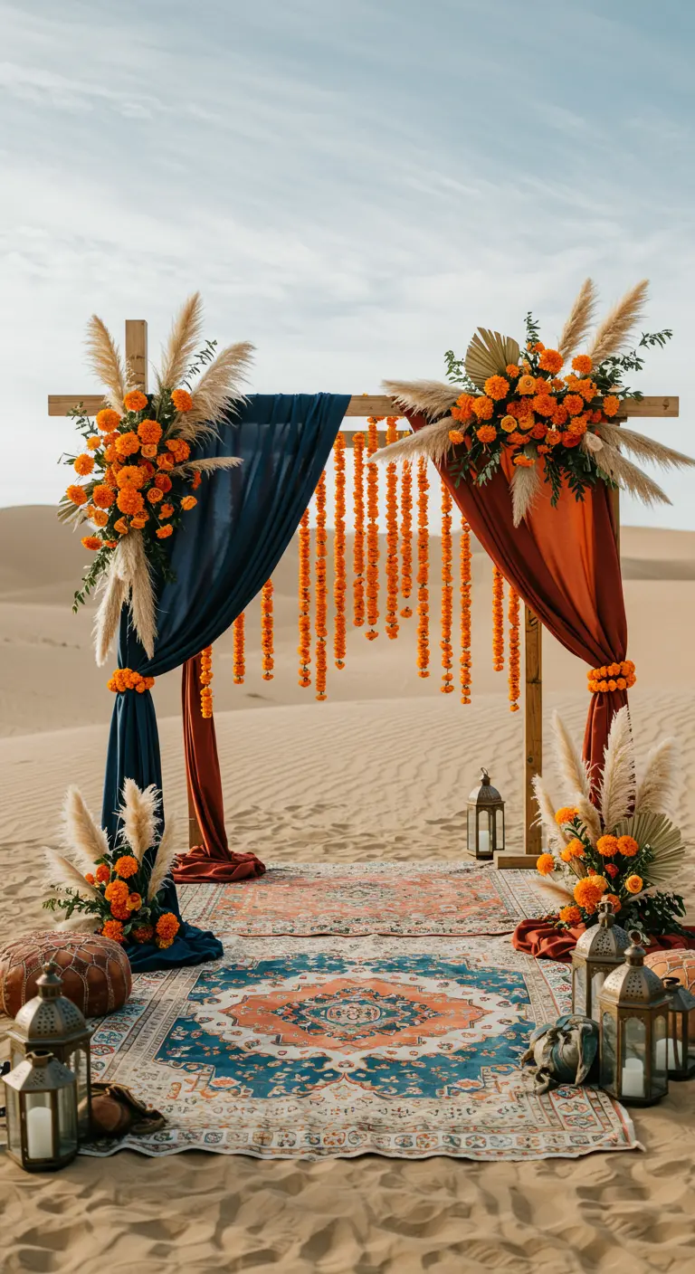 A boho desert wedding setup with marigolds, pampas grass, and colorful rugs.