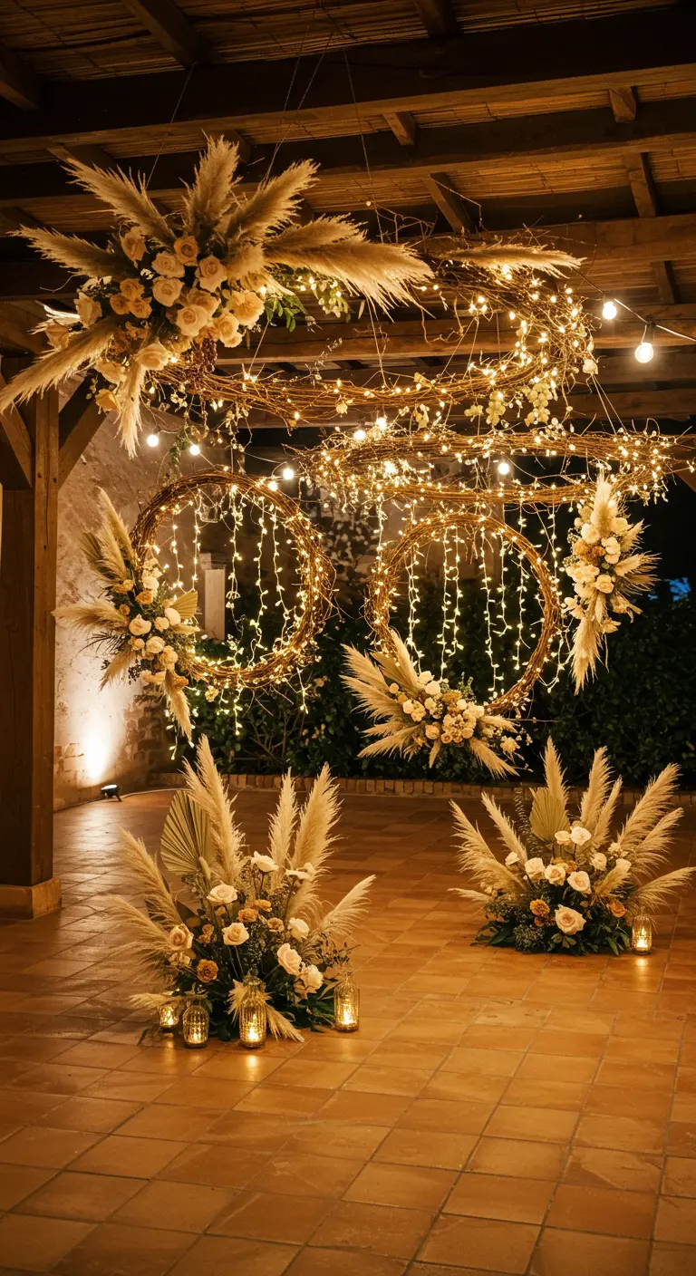 Hanging grapevine wreaths with pampas grass, roses, and fairy lights.