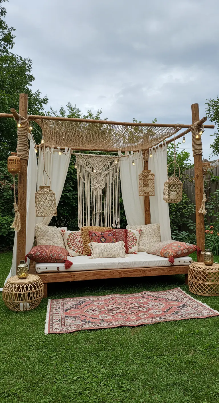 Bohemian-style daybed with macrame hangings, patterned pillows, and a kilim rug on the grass.