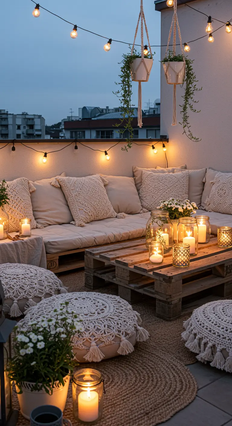 A boho patio with a pallet sofa, macrame pillows, string lights, and candles in jars.