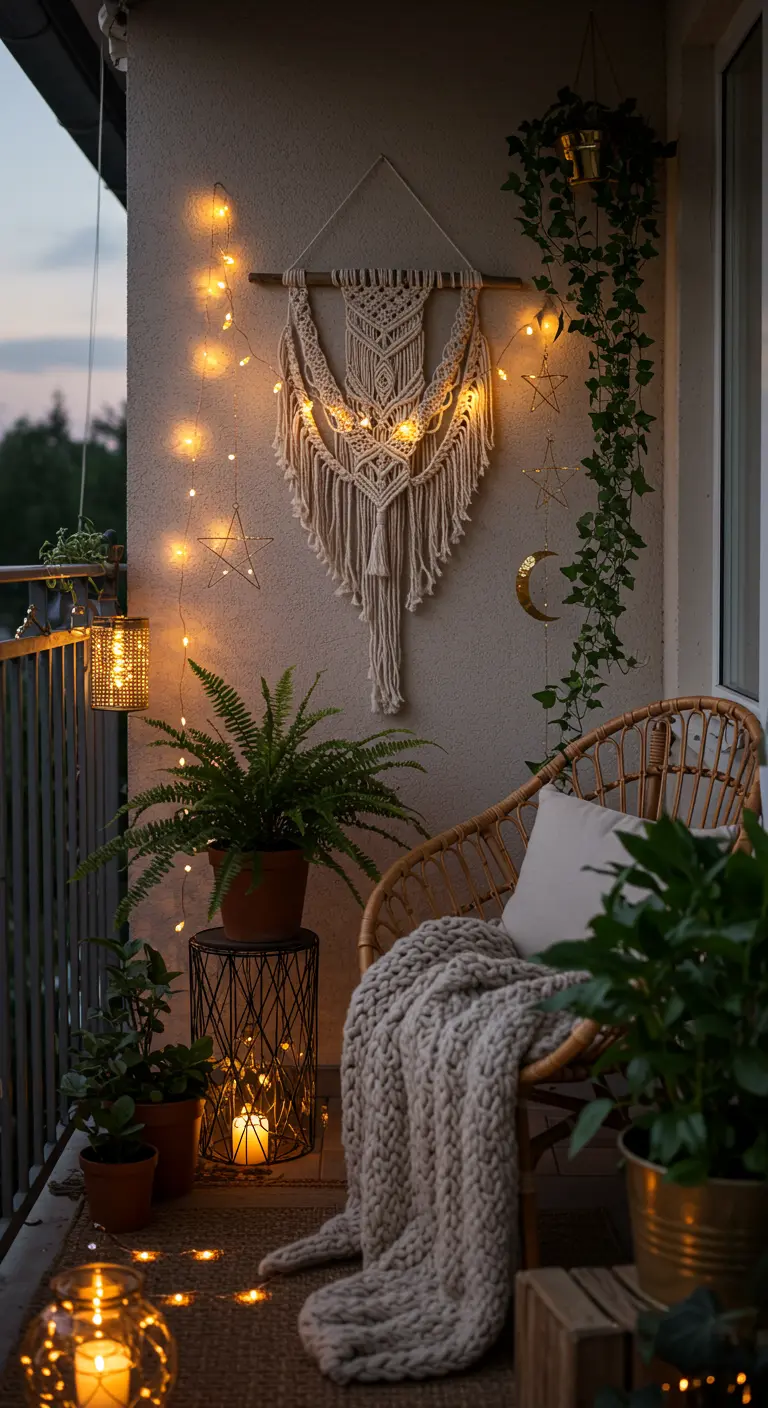 A macrame wall hanging is illuminated with fairy lights on a cozy boho balcony.