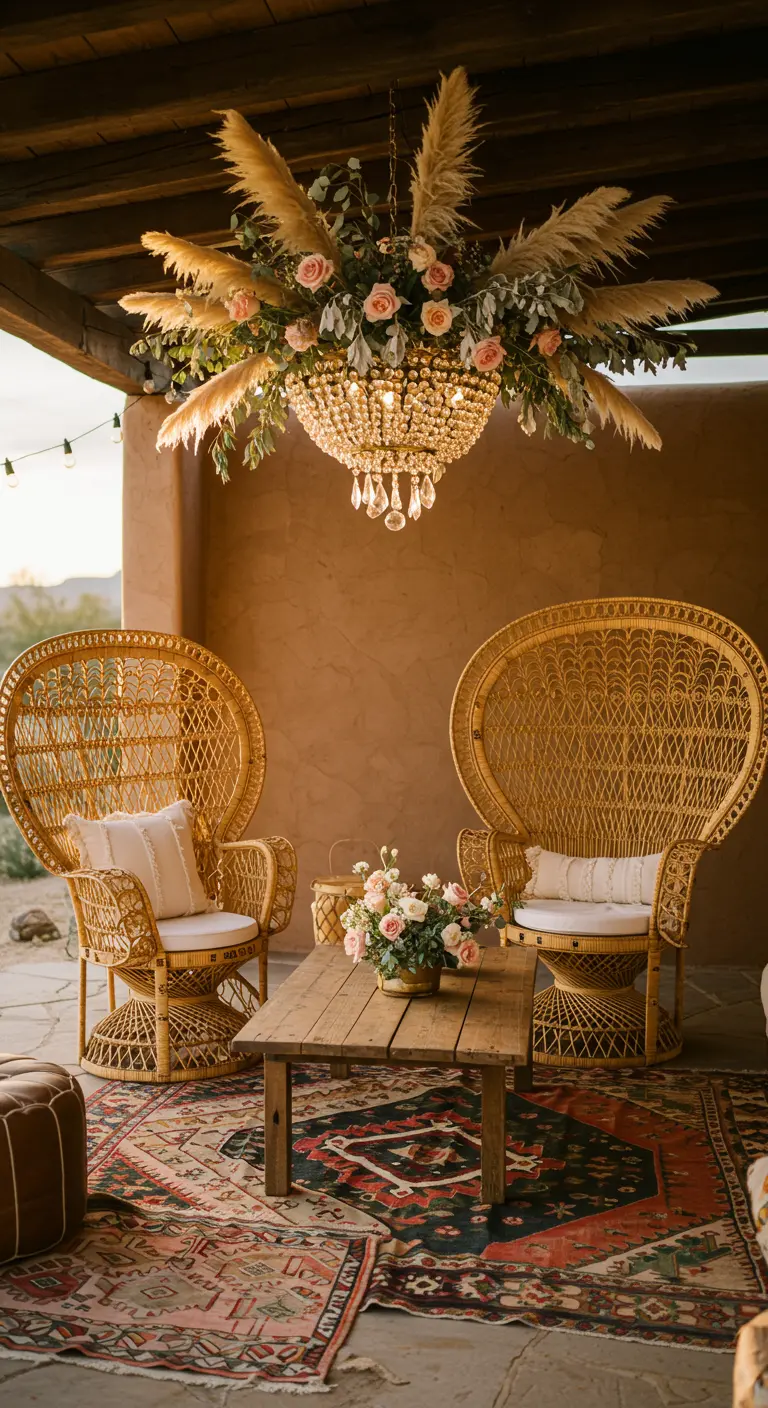A bohemian patio with a crystal chandelier decorated with pampas grass and pink roses.