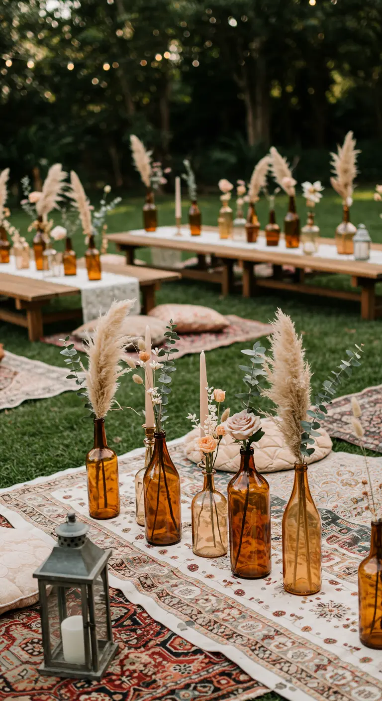 Boho picnic with amber bottles holding pampas grass and roses on patterned rugs.