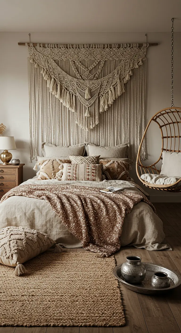 Bohemian bedroom with a large macrame wall hanging and a sequin throw on the bed.