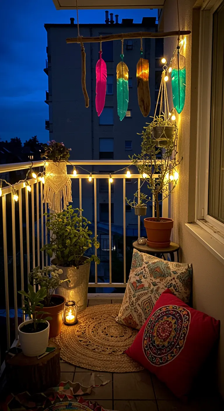 Colorful resin feather spinners hanging from a branch on a cozy, lit-up city balcony at night.