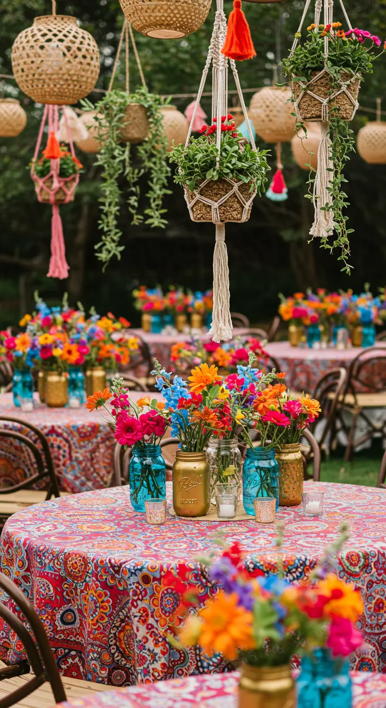 Colorful bohemian wedding table with patterned tablecloths, painted Mason jars, and hanging planters.