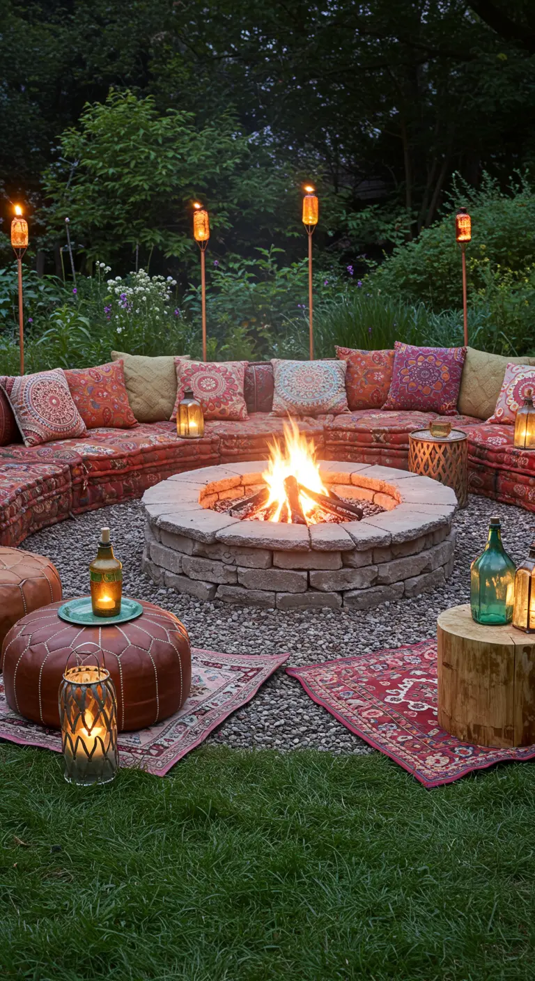A cozy fire pit surrounded by colorful floor cushions, rugs, and bottle torches.