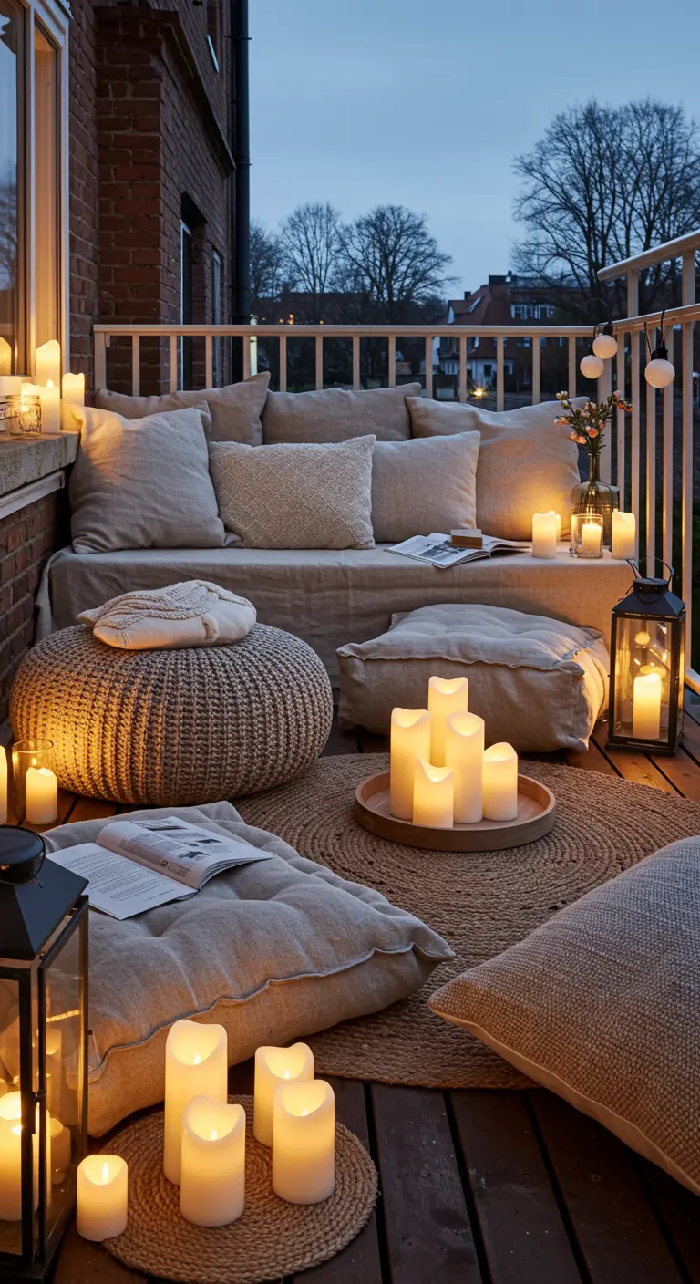 A cozy balcony with floor cushions, jute rugs, and numerous LED candles creating a warm glow.