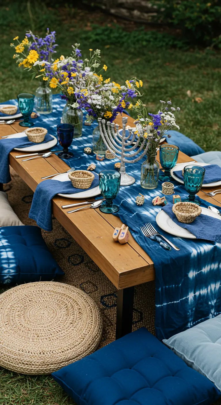 A low table set for a Hanukkah picnic with floor cushions and a tie-dye runner.