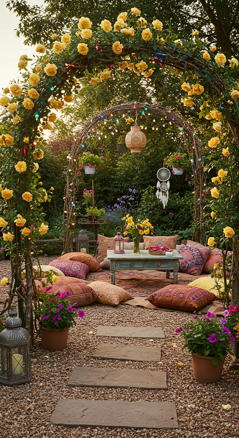 Rustic arch with yellow roses and colorful fairy lights leading to a bohemian outdoor seating area.
