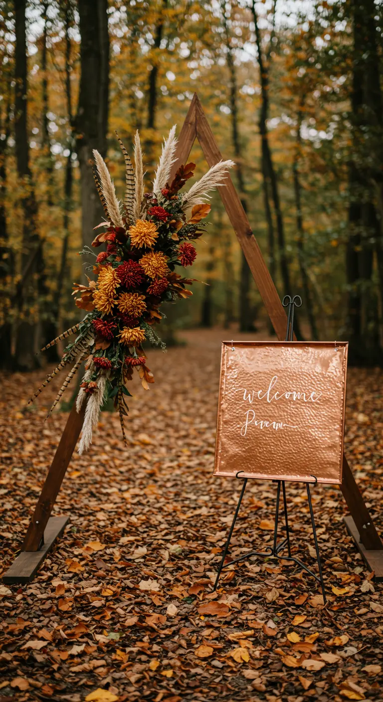 A triangular wooden wedding arch with autumnal flowers and a copper sign in a forest.