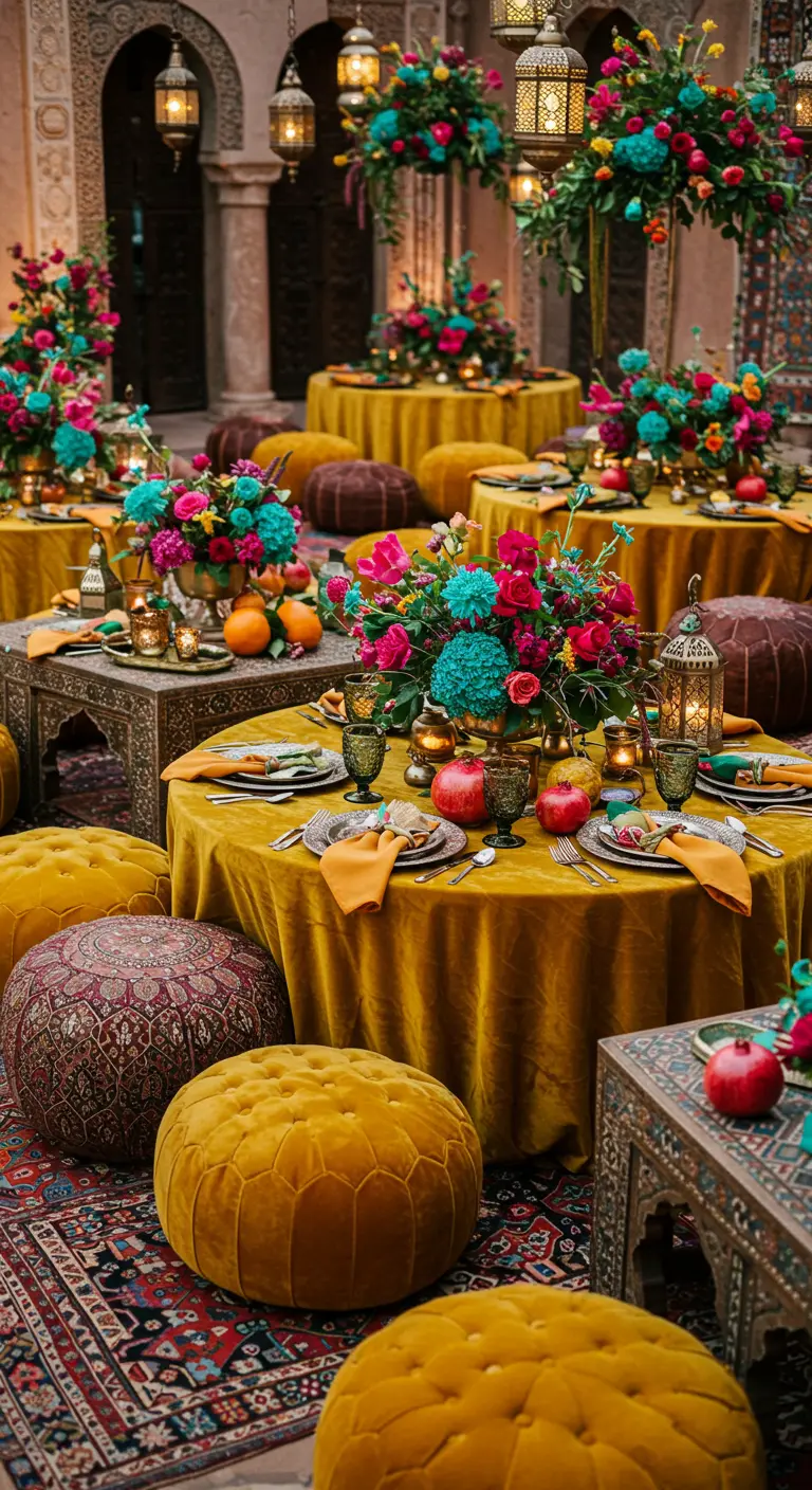 Moroccan-style setting with low yellow velvet tables, colorful floral centerpieces, and floor cushions.